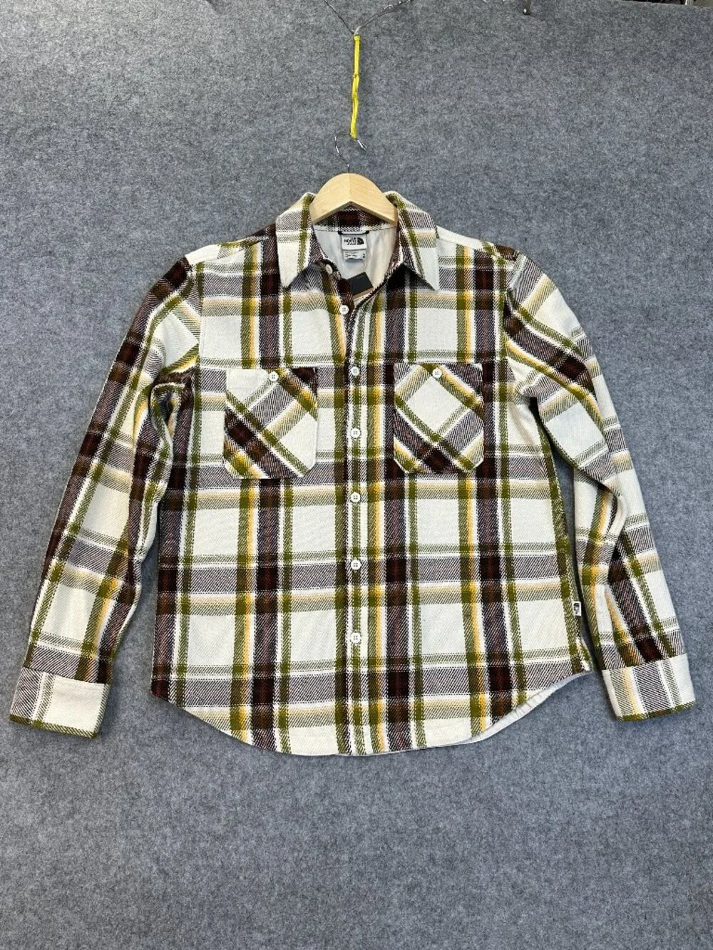 The North Face Valley Twill Flannel Shirt Mens M Olive Yellow‎ White Plaid NWT